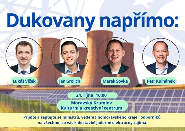 Ministři, hejtman a odborníci budou v Moravském Krumlově diskutovat s občany o dostavbě Dukovan